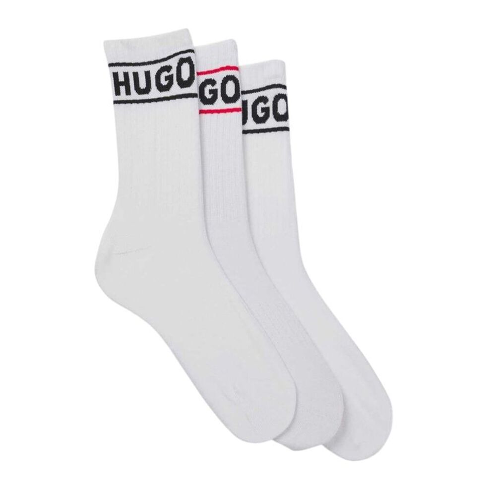 Hugo Mens Qsrib Sporty Lettering Crew Socks (Pack of 3) / White
